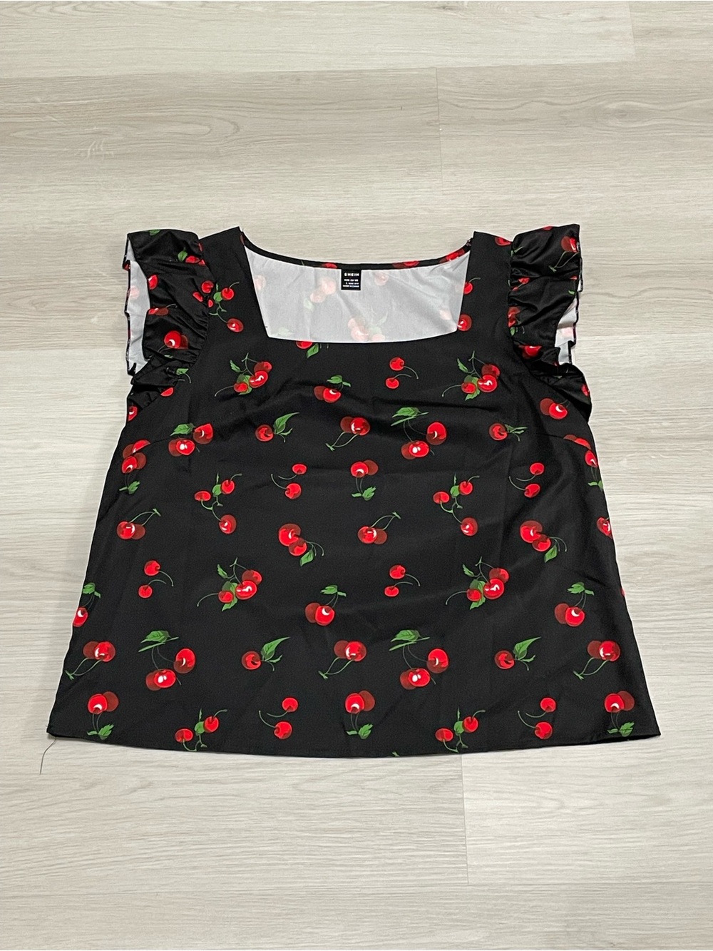 Black Cherry Print Ruffle Sleeve Top